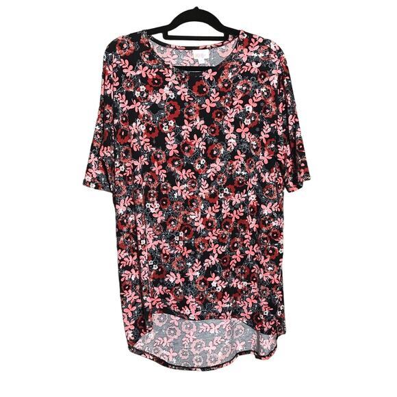 LuLaRoe Irma Tunic Top Floral Print High Low Hem Short‎ Sleeve Black Red Size M - Picture 1 of 5